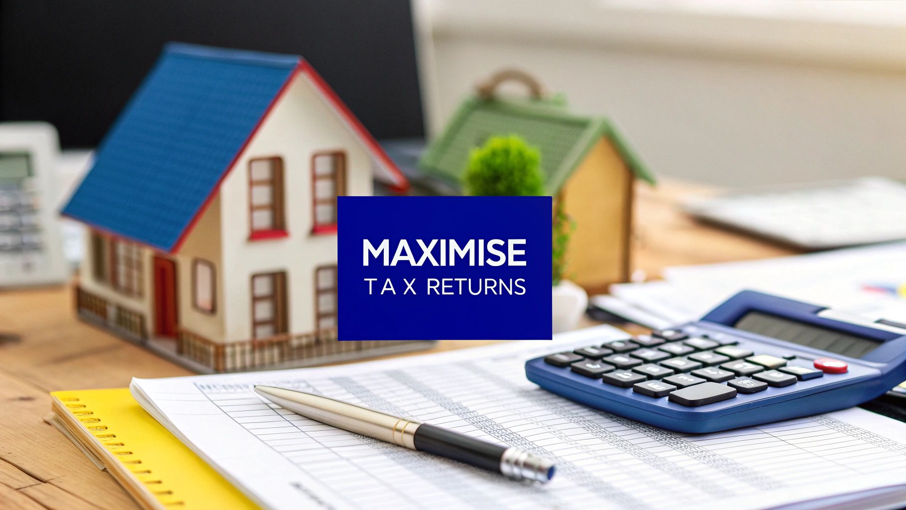 Calculator, paperwork and model houses with banner reading “Maximise Tax Returns”