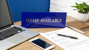Laptop, form and phone on desk with blue sign reading “NAME AVAILABLE”