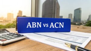 Blue folder labelled “ABN vs ACN” on a desk with calculator, pen, and documents – representing Australian business registration identifiers.