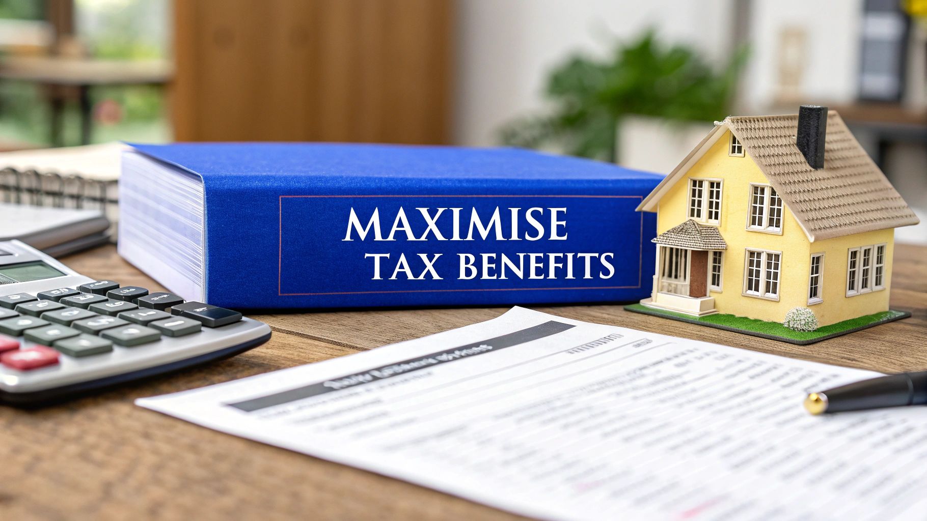 Blue binder labelled “Maximise Tax Benefits” beside a house model, calculator and tax papers — family trust for property investment Australia 2025