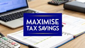 Calculator, laptop, and business documents on desk with text "Maximise Tax Savings"