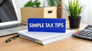 Simple tax tips for Australian taxpayers – desk with calculator, documents, and laptop.