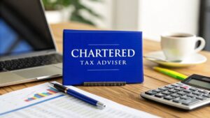 Blue plaque displaying “Chartered Tax Adviser” on a desk with a laptop, calculator, financial reports, and coffee cup representing professional tax advisory services in Australia.