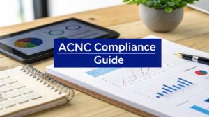ACNC Compliance Guide document with charts, graphs, and a pen on a desk beside a tablet.