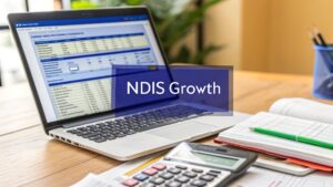 Laptop showing NDIS financial dashboard with calculator and budget notes on desk