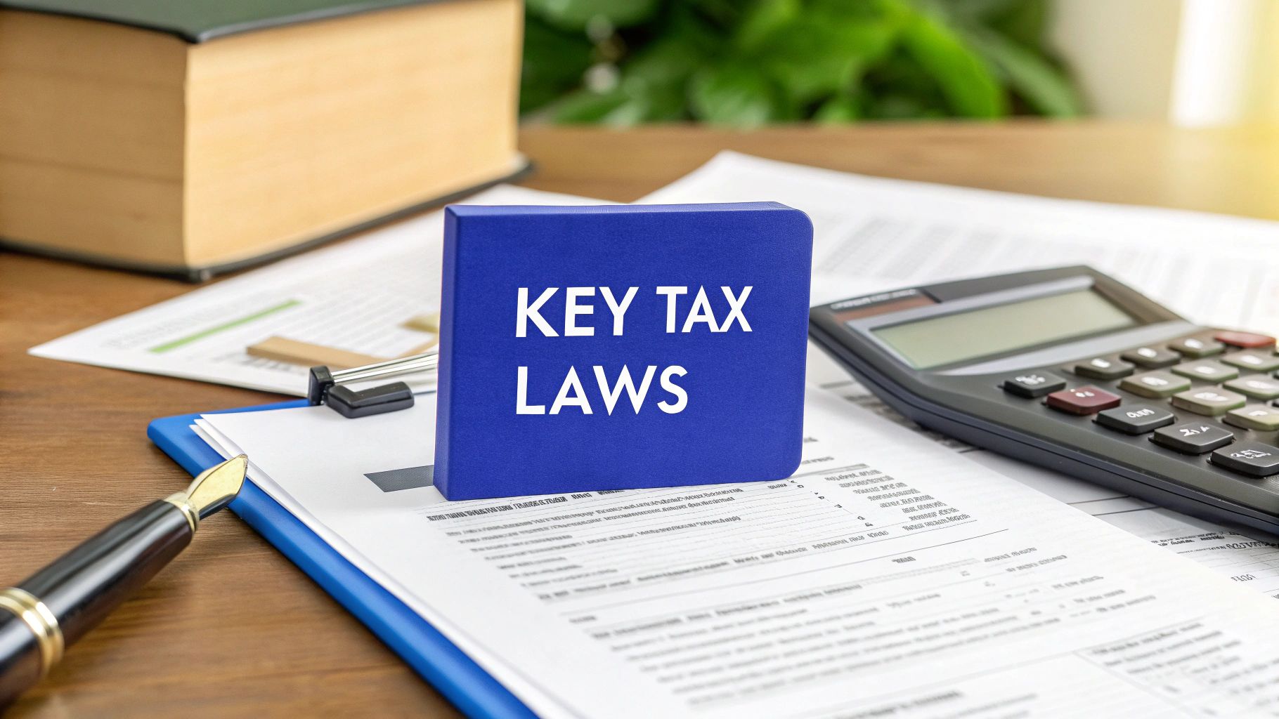 Key tax laws book on a desk with calculator and documents - concept for Australian business tax compliance