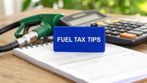 Fuel tax tips sign on a desk with a fuel nozzle, calculator, and paperwork.