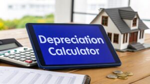 Tablet displaying the words “Depreciation Calculator” on a desk with a calculator, coins, paperwork, and a model house in the background.
