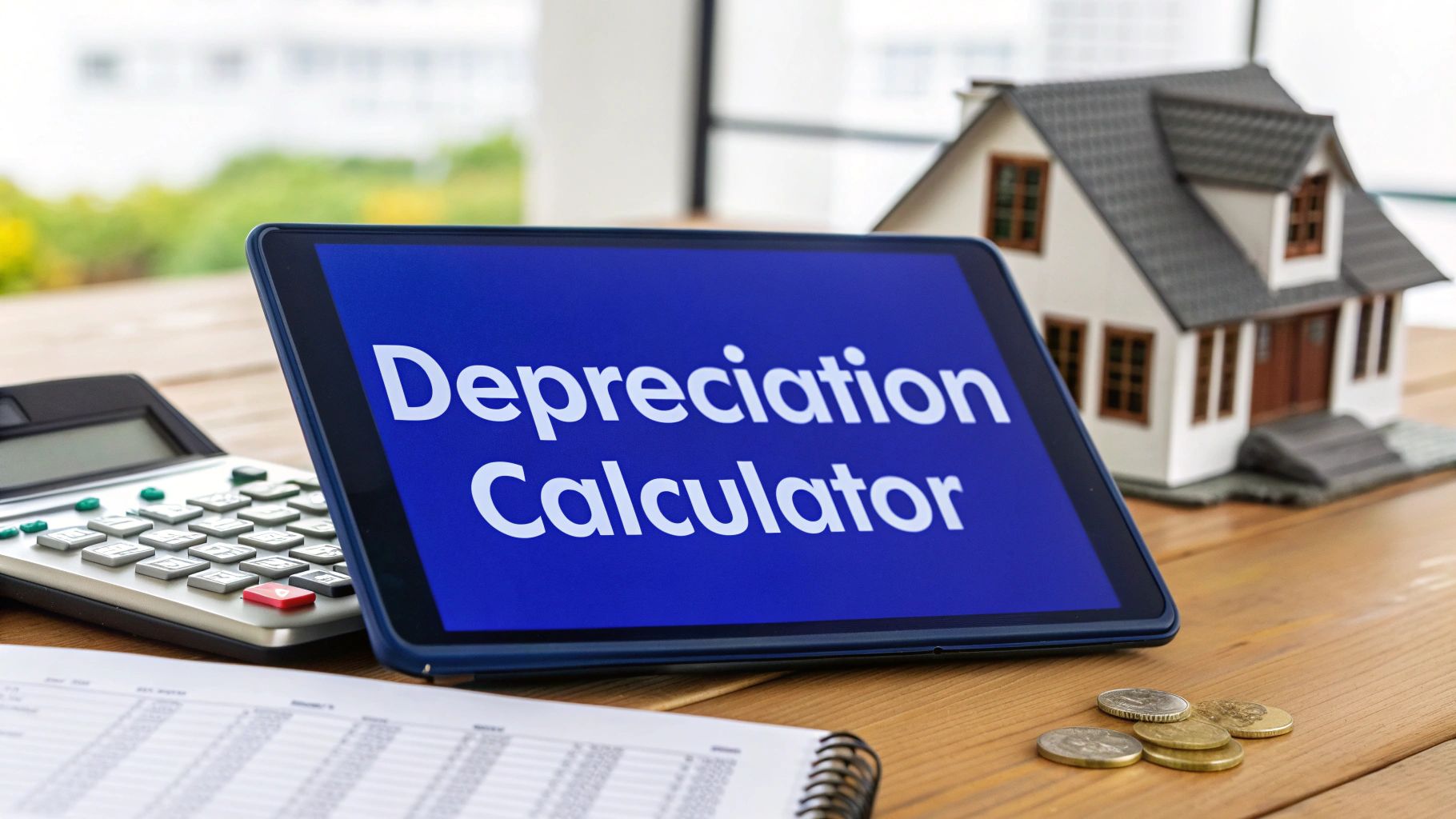 Tablet displaying the words “Depreciation Calculator” on a desk with a calculator, coins, paperwork, and a model house in the background.