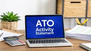 Laptop displaying “ATO Activity Statement” on screen with calculator, paperwork, and office supplies on a wooden desk.