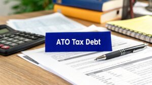Documents, calculator, and pen on a desk with a blue sign reading “ATO Tax Debt,” representing Australian Taxation Office debt management.