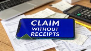 Smartphone displaying the words “Claim Without Receipts” on top of tax documents, receipts, a laptop and calculator.