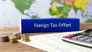 A folder labeled "Foreign Tax Offset" on a desk with coins, financial documents, and a calculator, symbolizing international taxation and income offsets.