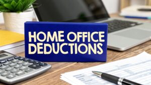 Home office workspace with a blue sign that says “Home Office Deductions,” next to a calculator, laptop, documents, and a pen.