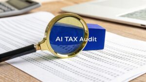 Magnifying glass highlighting financial data with the words “AI TAX Audit,” symbolising artificial intelligence detecting tax discrepancies.