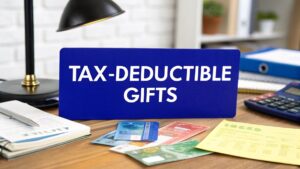 A blue sign reading “Tax-Deductible Gifts” on an office desk with gift cards, documents, a calculator, and a lamp, representing business tax deductions for staff gifts.