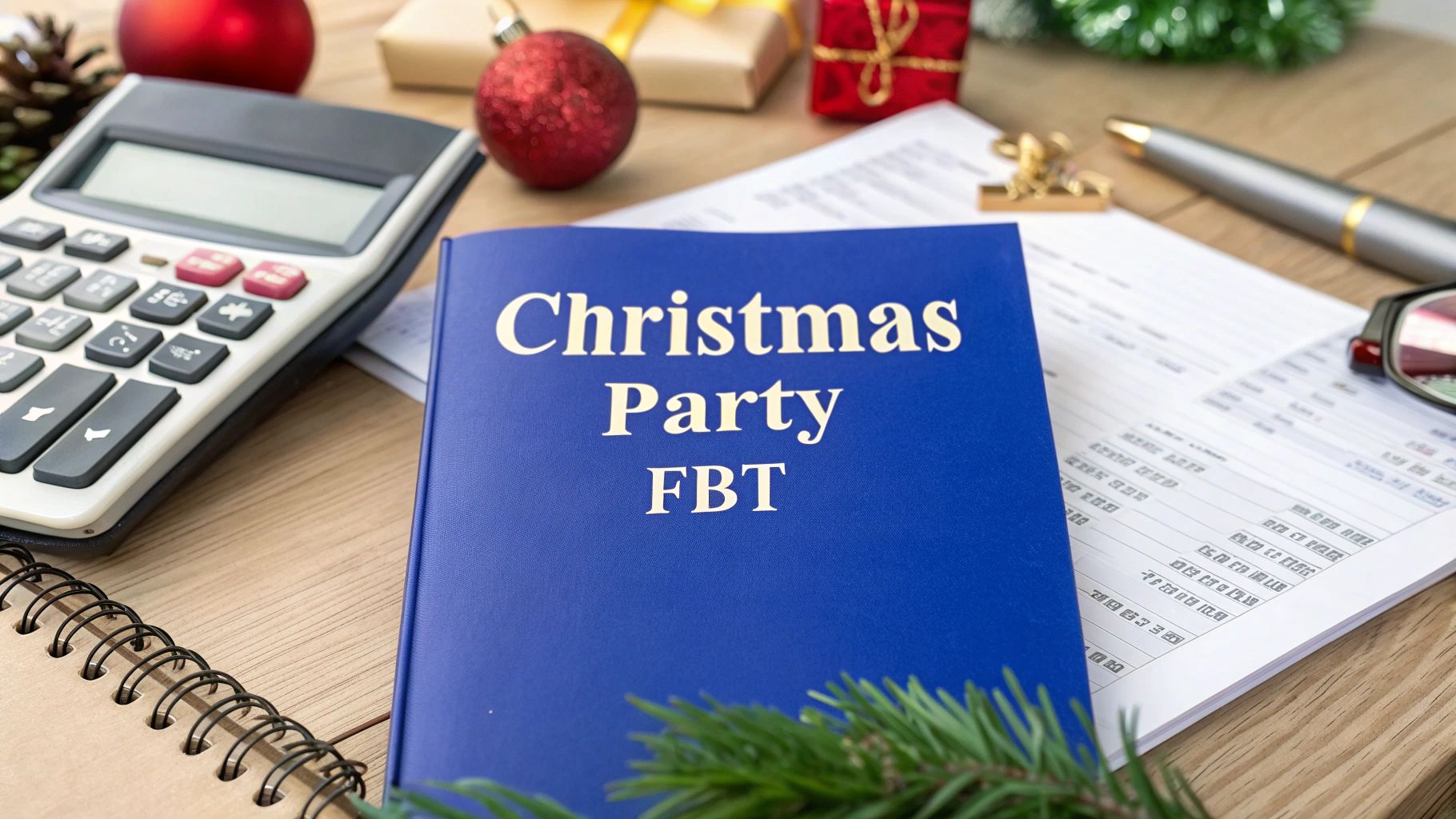 Christmas Party FBT booklet on a desk with calculator, tax documents and festive decorations, representing Australian Fringe Benefits Tax rules for Christmas parties.