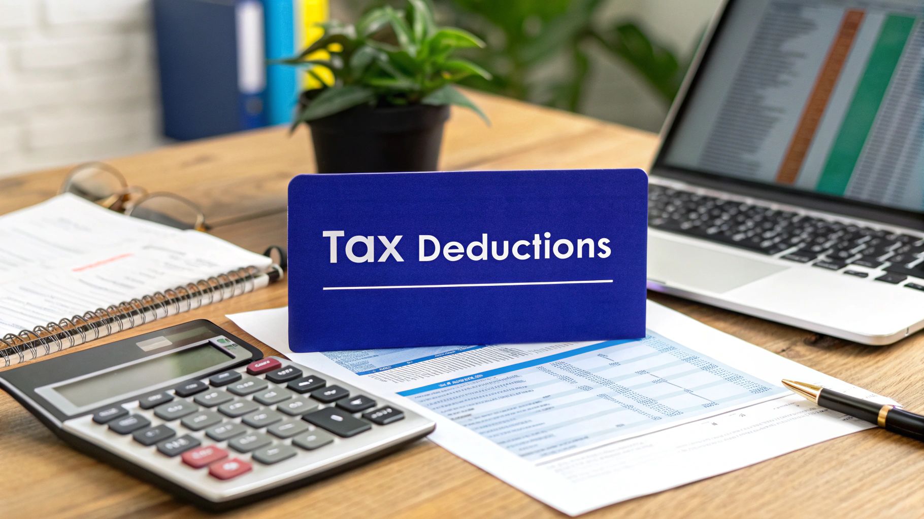 Desk with calculator, tax documents, a laptop and a blue sign that says “Tax Deductions.”