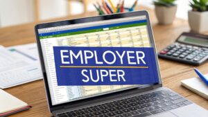 Laptop displaying a spreadsheet with the words “Employer Super” on screen, sitting on a desk with documents, a calculator and stationery.