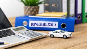 Calculator, laptop, and model car beside a folder labelled ‘Depreciable Assets’, representing business asset depreciation.
