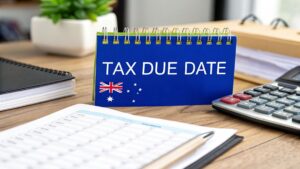 Desk calendar displaying 'Tax Due Date' with Australian flag, surrounded by calculator, documents and office supplies.