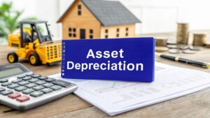 A desk with a calculator, financial documents, coins, a model house, and a miniature construction vehicle, with a blue sign labelled “Asset Depreciation.”