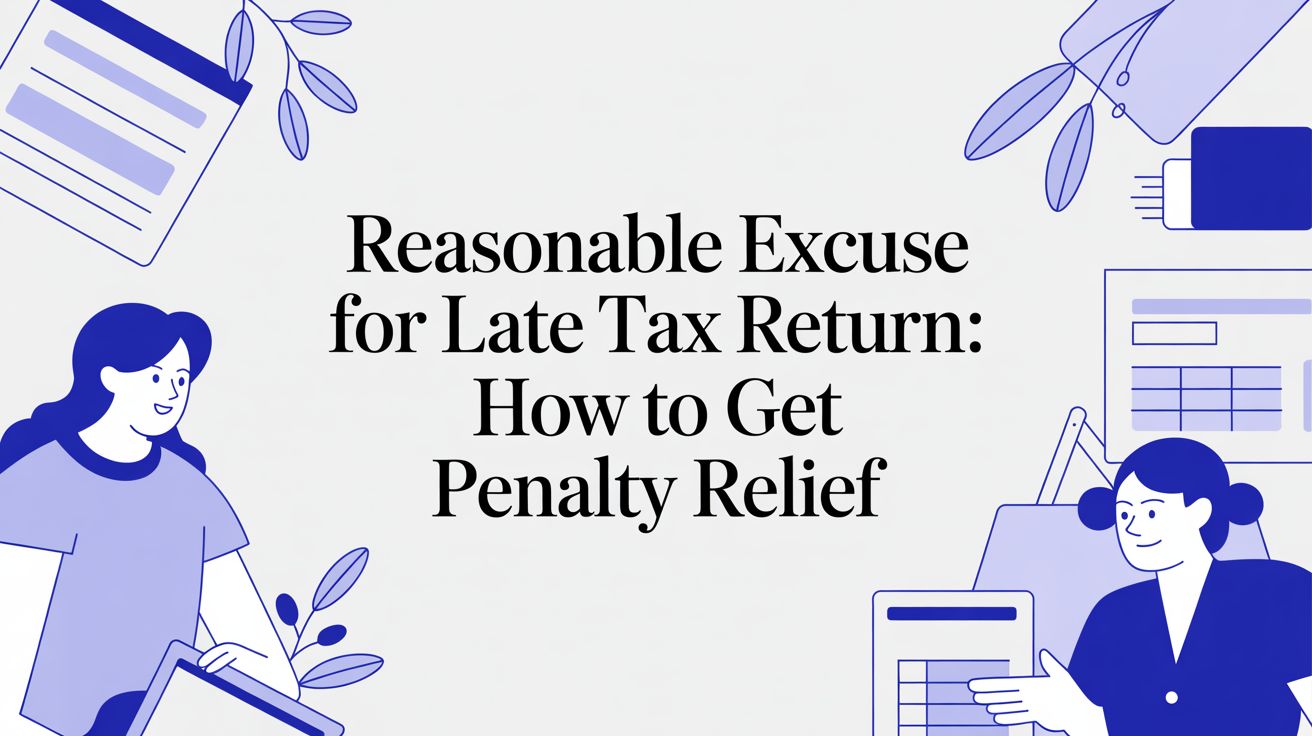 Illustration showing taxpayers and documents explaining reasonable excuses for late tax returns and penalty relief in Australia.
