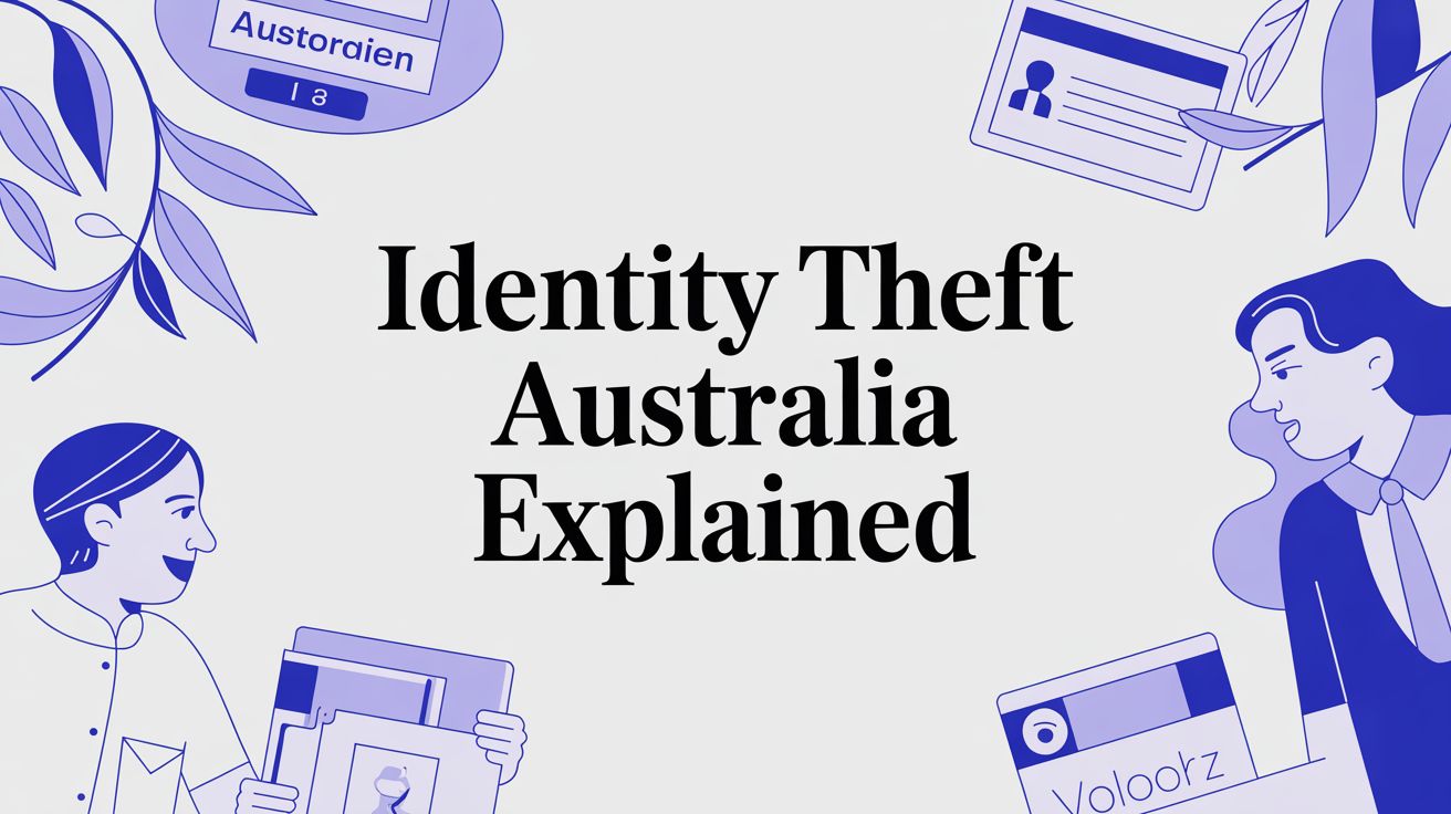 Illustration showing Australian identity theft concepts, including digital IDs, documents, and people representing fraud risk and protection.
