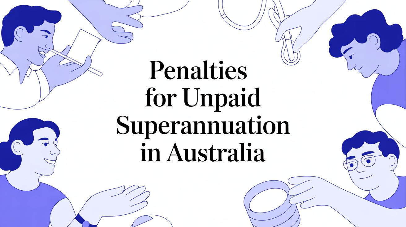 Illustration showing employers and employees with paperwork and money, representing penalties for unpaid superannuation in Australia.