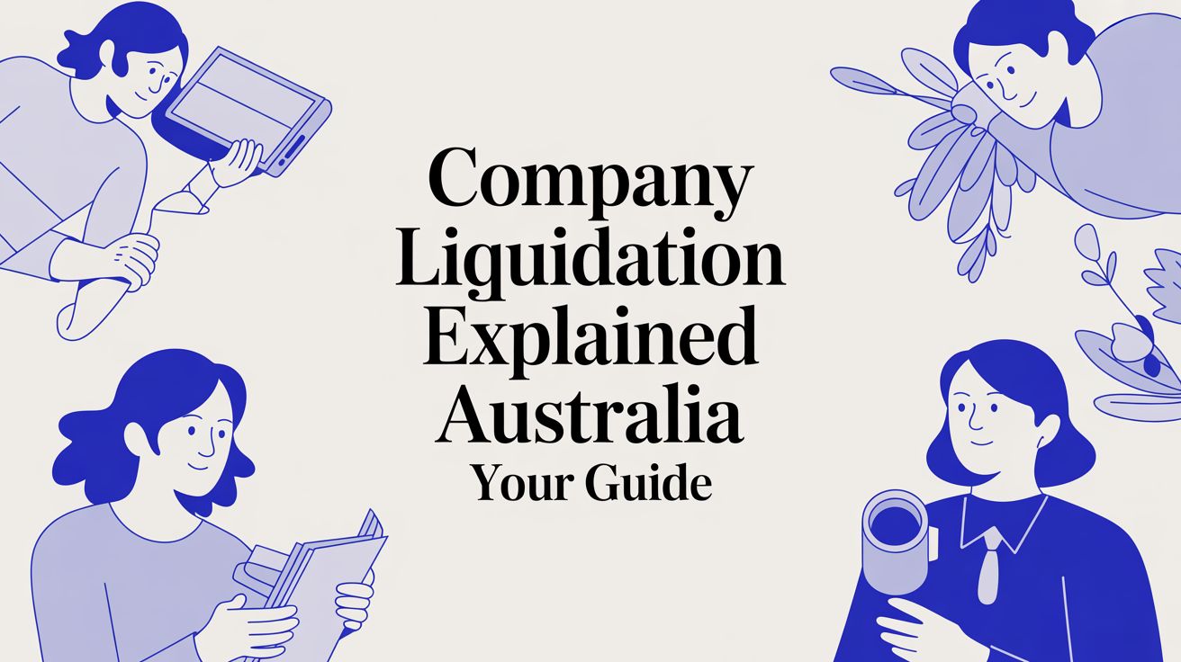 Illustration showing business owners reviewing documents and finances alongside the text ‘Company Liquidation Explained Australia – Your Guide