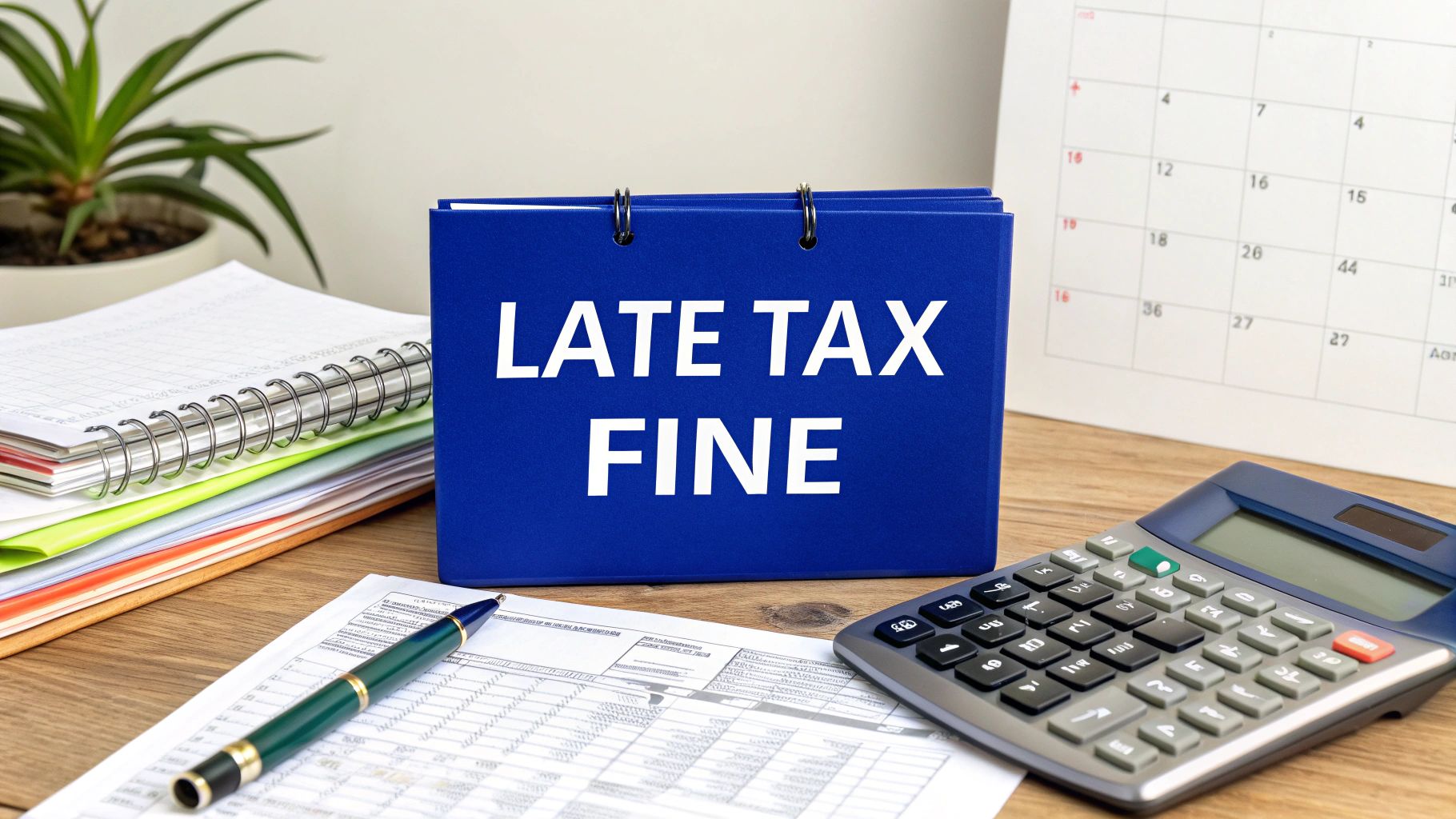 Late tax return fine concept showing a desk with tax documents, calculator, and a blue sign reading “Late Tax Fine”