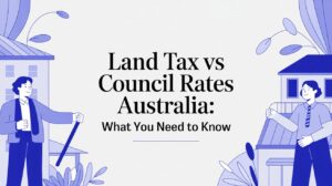 Illustration showing two homeowners comparing land tax and council rates in Australia.