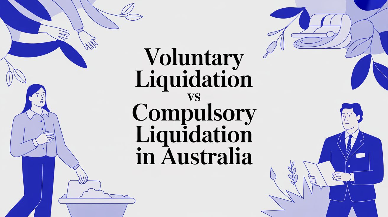Illustration showing voluntary liquidation versus compulsory liquidation for Australian companies, highlighting director choice versus court action.