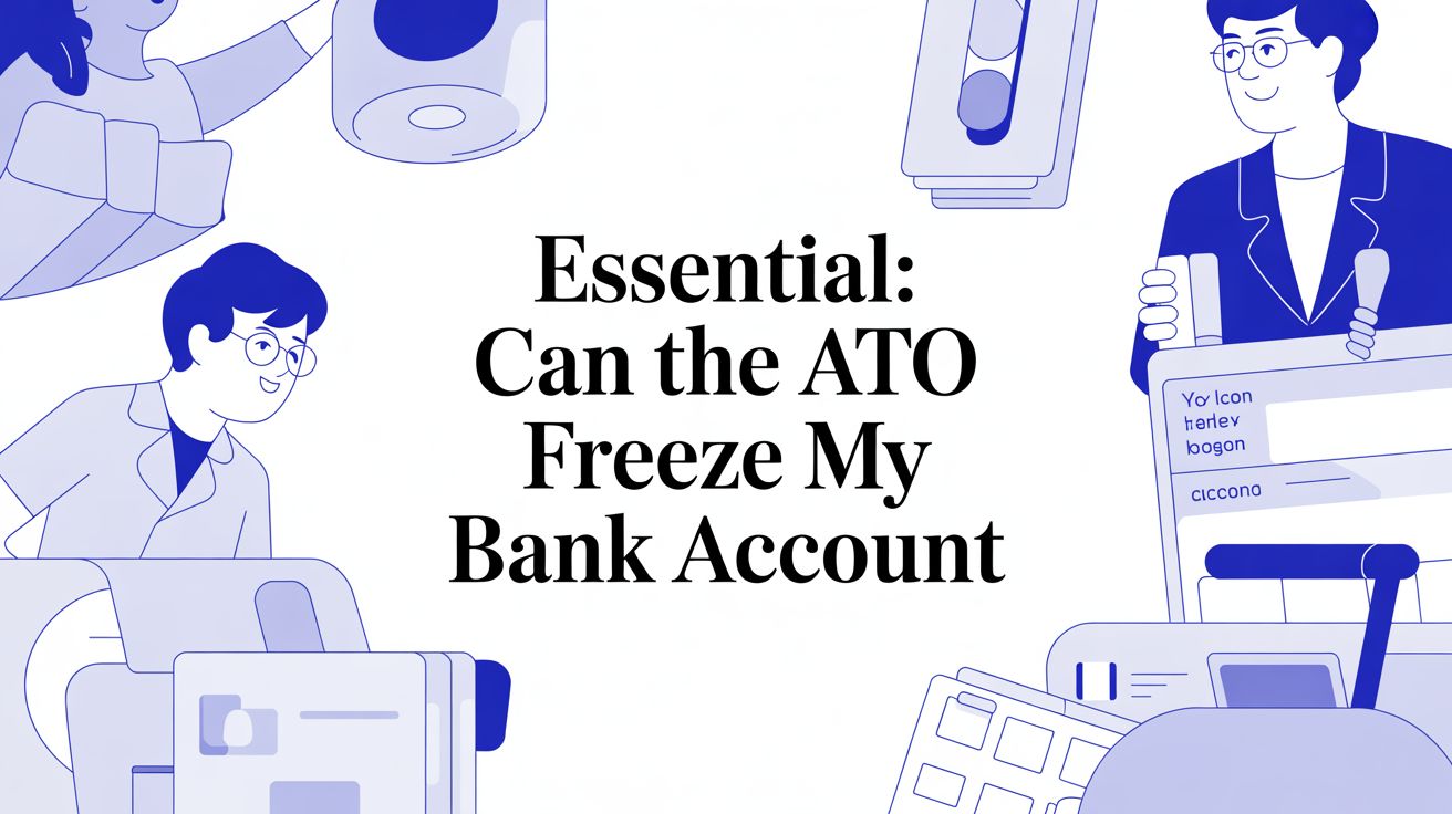 Illustration with the title “Essential: Can the ATO Freeze My Bank Account” surrounded by business-themed graphics.