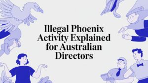 Illustration representing illegal phoenix activity, showing business figures and a phoenix symbol around the text “Illegal Phoenix Activity Explained for Australian Directors”