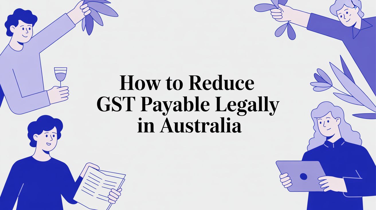 How to reduce GST payable legally in Australia – illustration of business professionals reviewing financial documents and working on a laptop