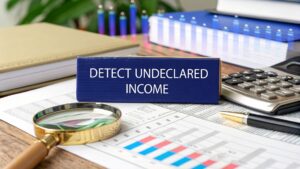 Blue binder labeled “Detect Undeclared Income” on financial documents with calculator and magnifying glass, symbolising ATO data matching and tax compliance.
