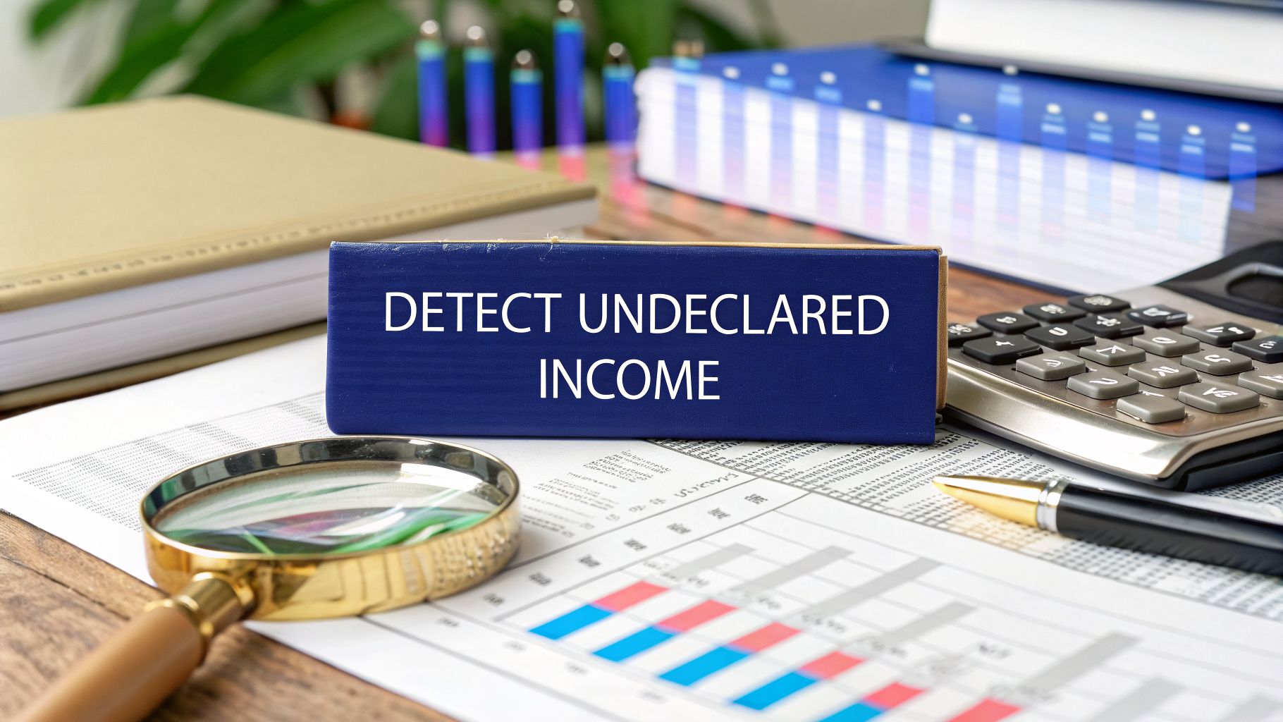 Blue binder labeled “Detect Undeclared Income” on financial documents with calculator and magnifying glass, symbolising ATO data matching and tax compliance.