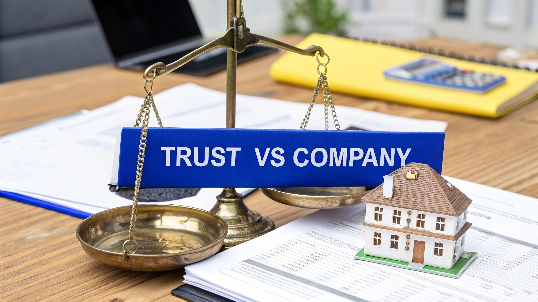 Balance scale comparing “Trust vs Company” with documents and a model house, representing business structure and asset decisions.