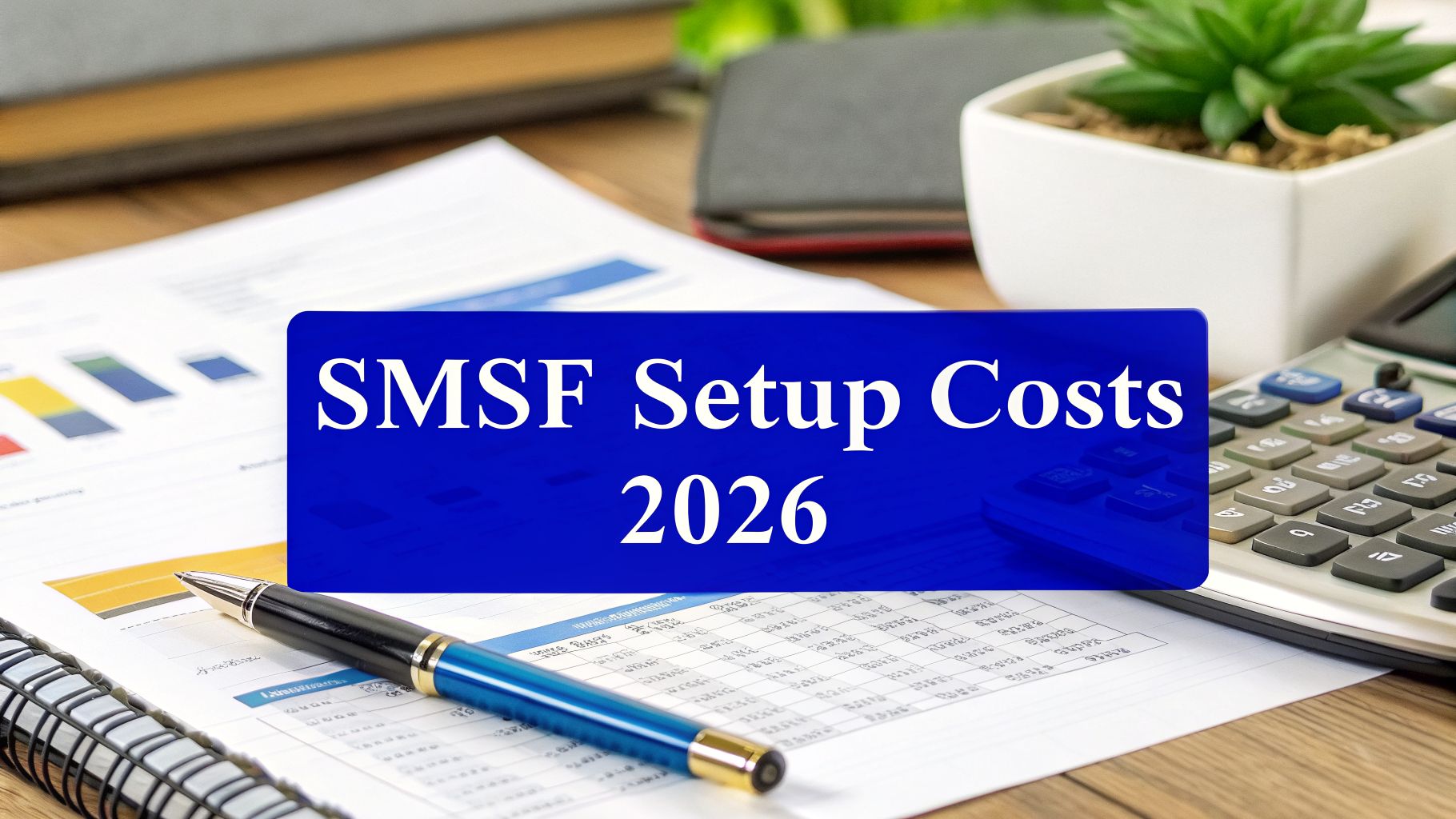 SMSF setup costs 2026 concept with financial documents, calculator, and pen on a desk.