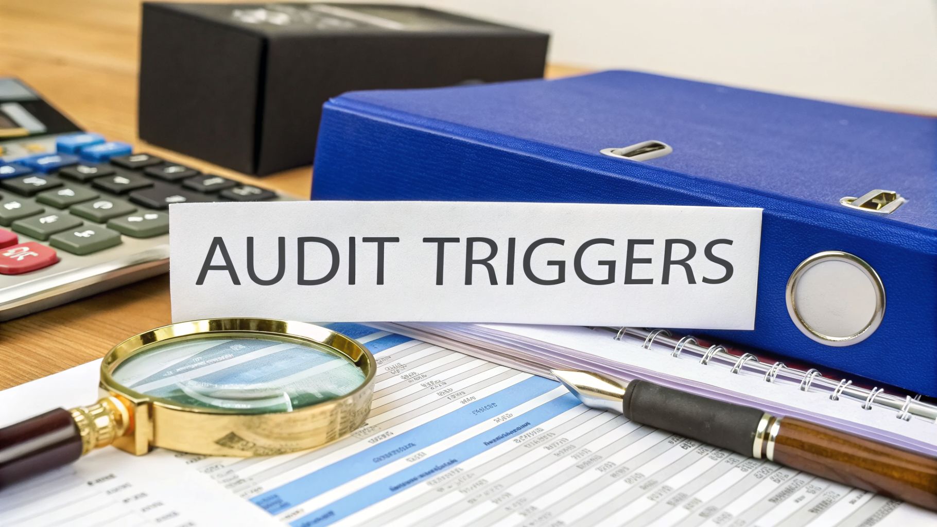 SMSF audit triggers concept with magnifying glass, calculator, and compliance documents on desk