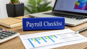 Payroll checklist folder on office desk with laptop, calculator, and financial reports