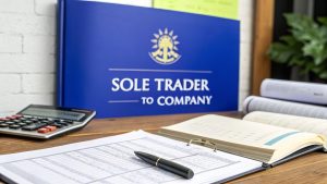 Sole trader to company transition concept with financial documents, calculator, and business paperwork on desk