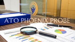 ATO phoenix investigation concept with financial documents, magnifying glass, and charts on desk