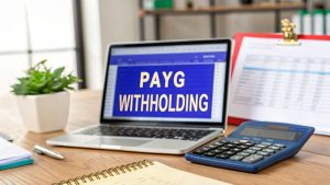 Laptop displaying “PAYG Withholding” on screen with a calculator and financial documents on a desk.