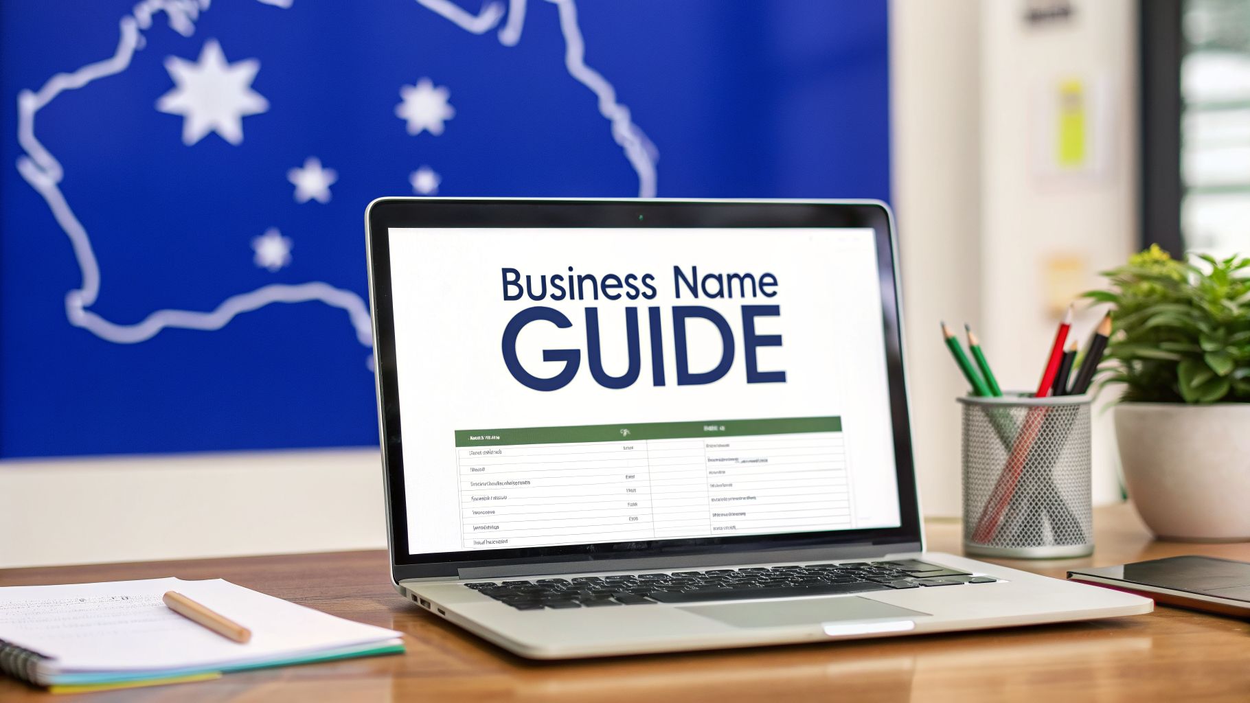 Business name registration guide displayed on laptop with Australian map background