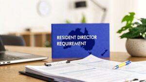 Resident director requirement concept in Australia with documents, clipboard, and Australia map in office setting