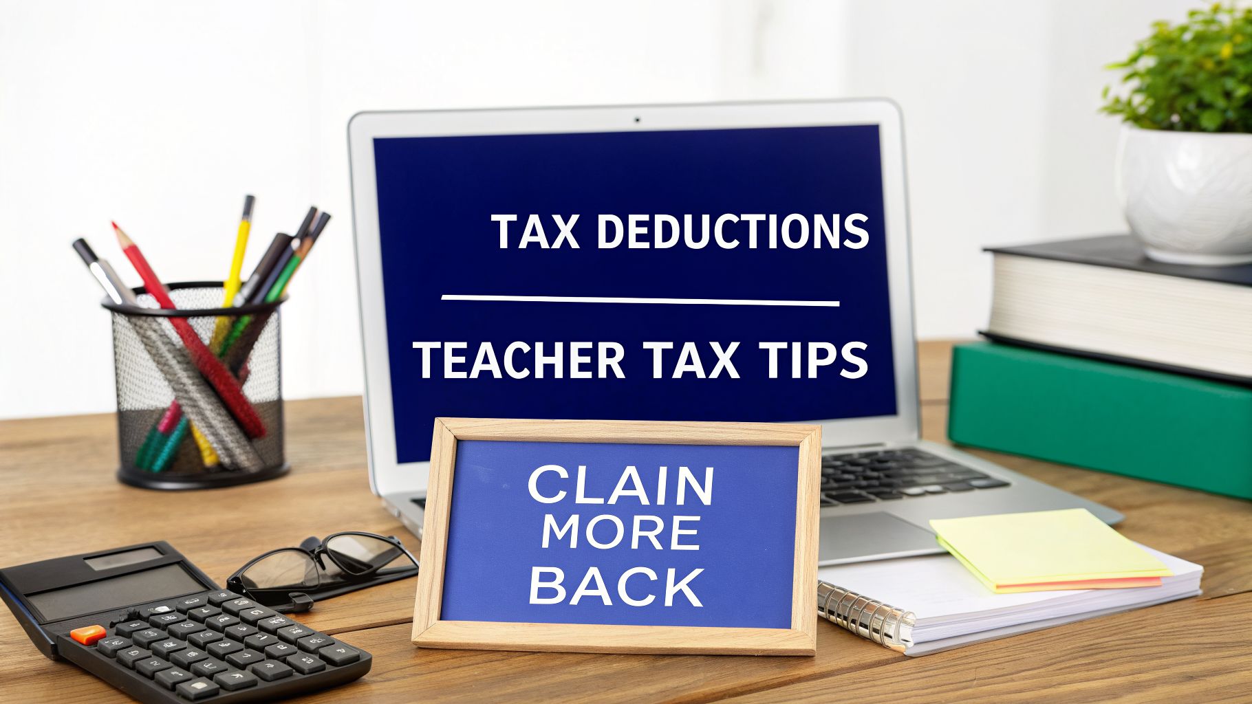 Laptop displaying “Tax Deductions Teacher Tax Tips” with calculator, stationery, and books on a desk