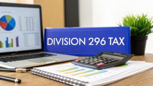 Division 296 tax concept with calculator, financial charts, and laptop on office desk