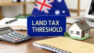 Land tax threshold Australia concept with calculator, house model and Australian flag